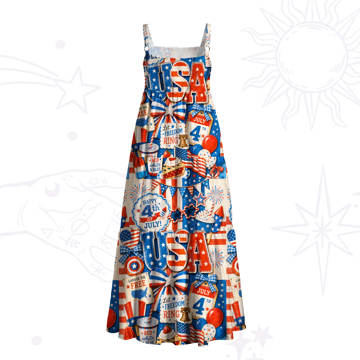 Purplehecate 4th of July Fireworks & Flags Wide Straps Maxi Dress