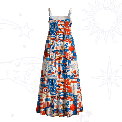 Purplehecate 4th of July Fireworks & Flags Wide Straps Maxi Dress