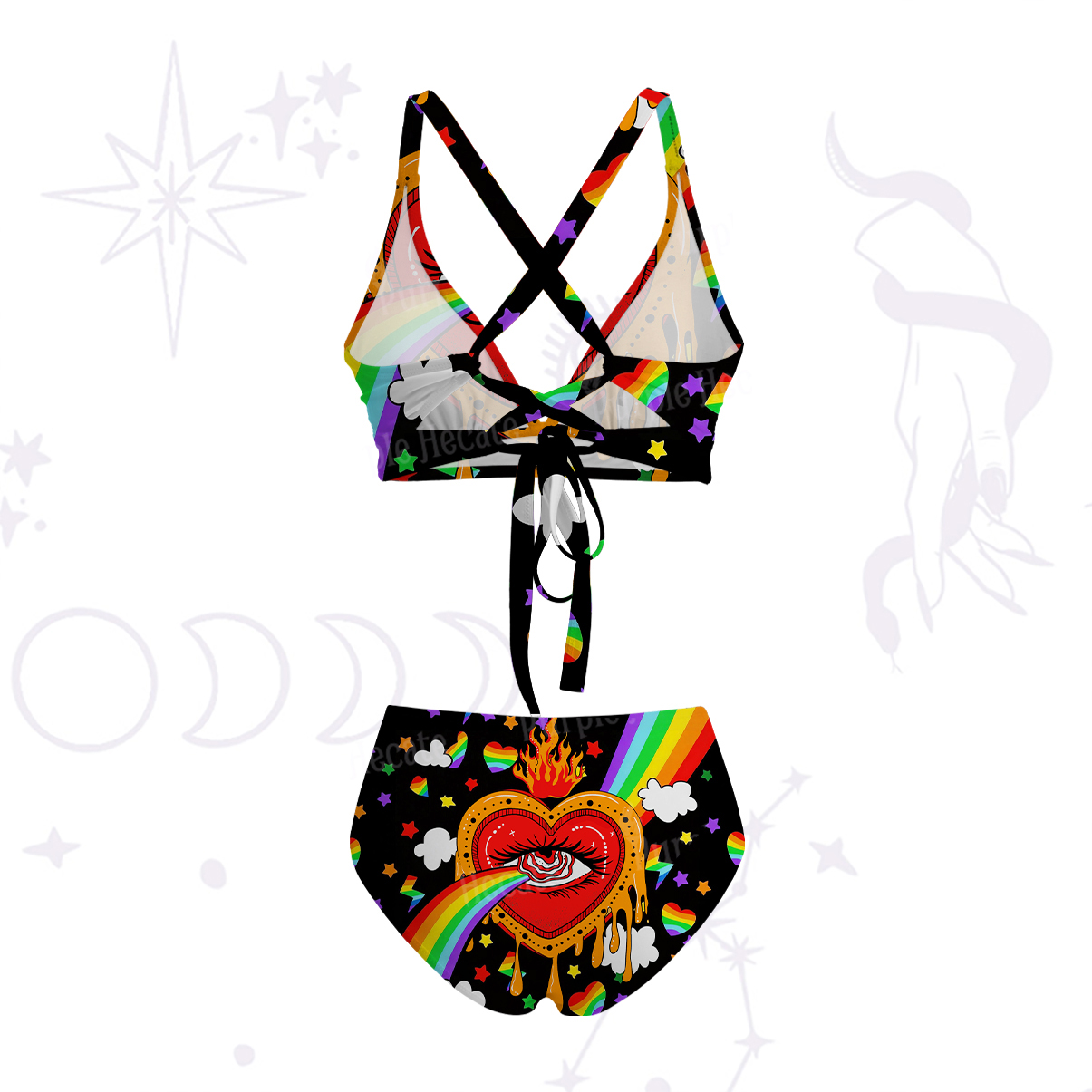 Purplehecate Rainbow Sacred Heart All Seeing Eye Pride Crisscross Tie-Back Bikini Set
