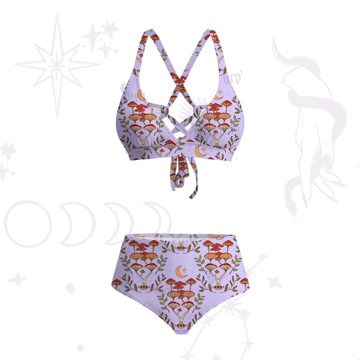 Purplehecate Psychedelic Mushrooms Crisscross Tie-Back Bikini Set