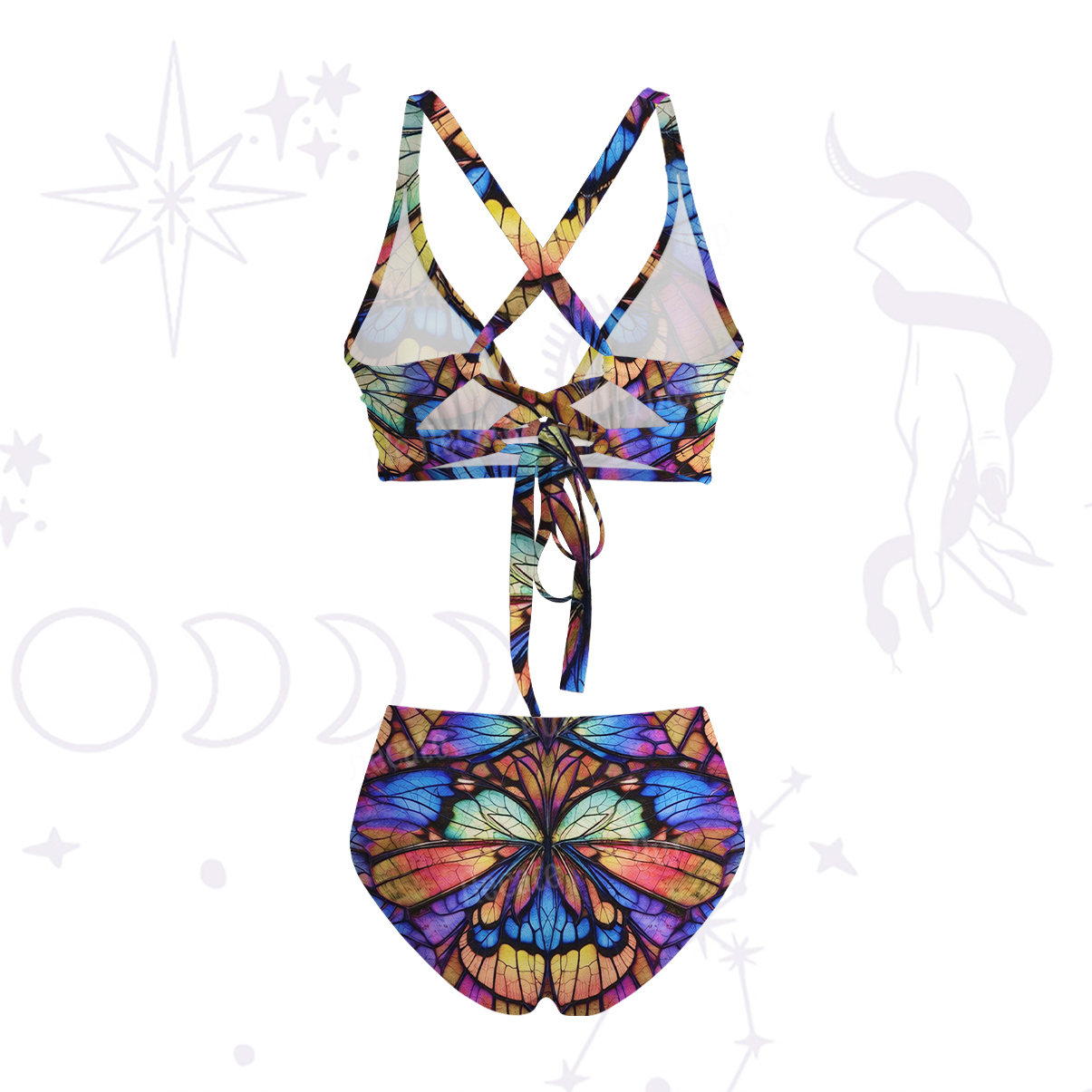 Purplehecate Colorful Butterfly Wing Pattern Crisscross Tie-Back Bikini Set