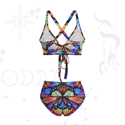 Purplehecate Colorful Butterfly Wing Pattern Crisscross Tie-Back Bikini Set