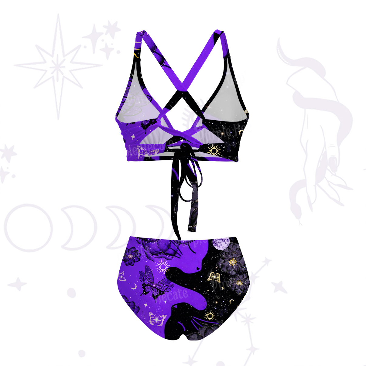 Purplehecate Starlit Cats & Butterflies Crisscross Tie-Back Bikini Set