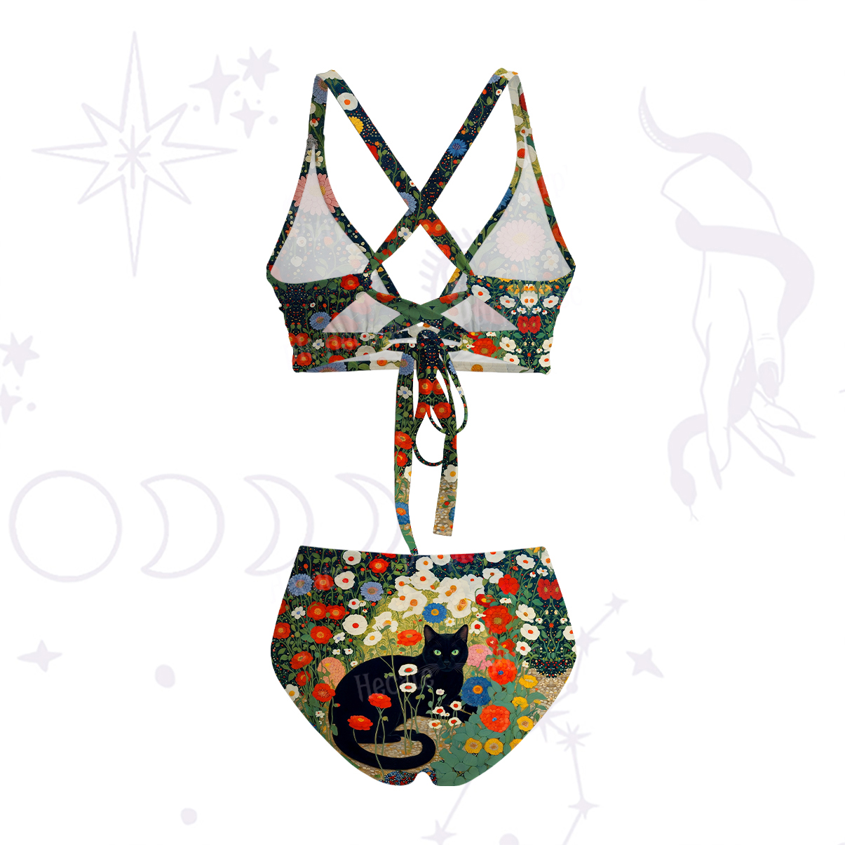 Purplehecate Vintage The Cat in Bloom Crisscross Tie-Back Bikini Set