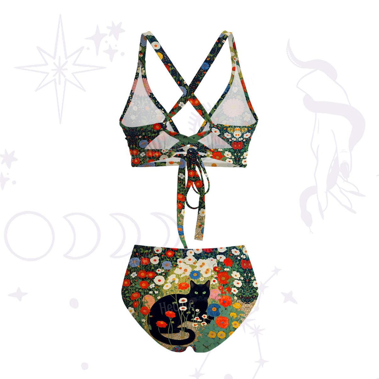 Purplehecate Vintage The Cat in Bloom Crisscross Tie-Back Bikini Set
