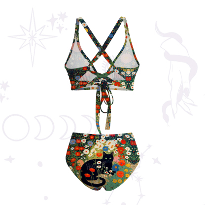 Purplehecate Vintage The Cat in Bloom Crisscross Tie-Back Bikini Set