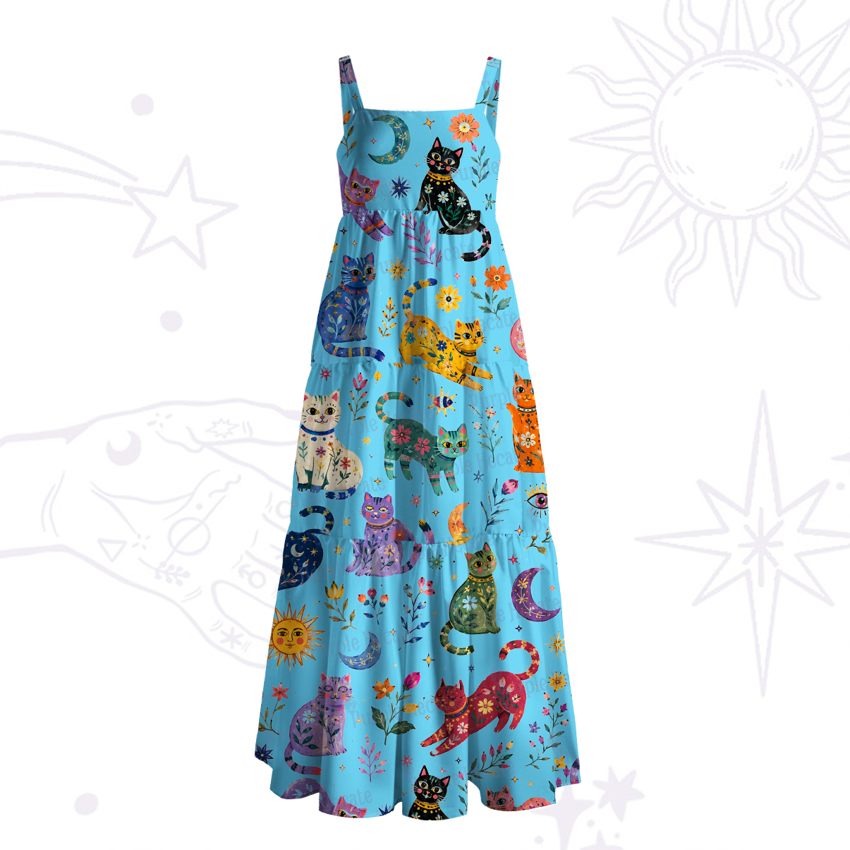 Purplehecate Rainbow Magic Cats Wide Straps Maxi Dress