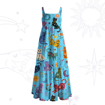Purplehecate Rainbow Magic Cats Wide Straps Maxi Dress