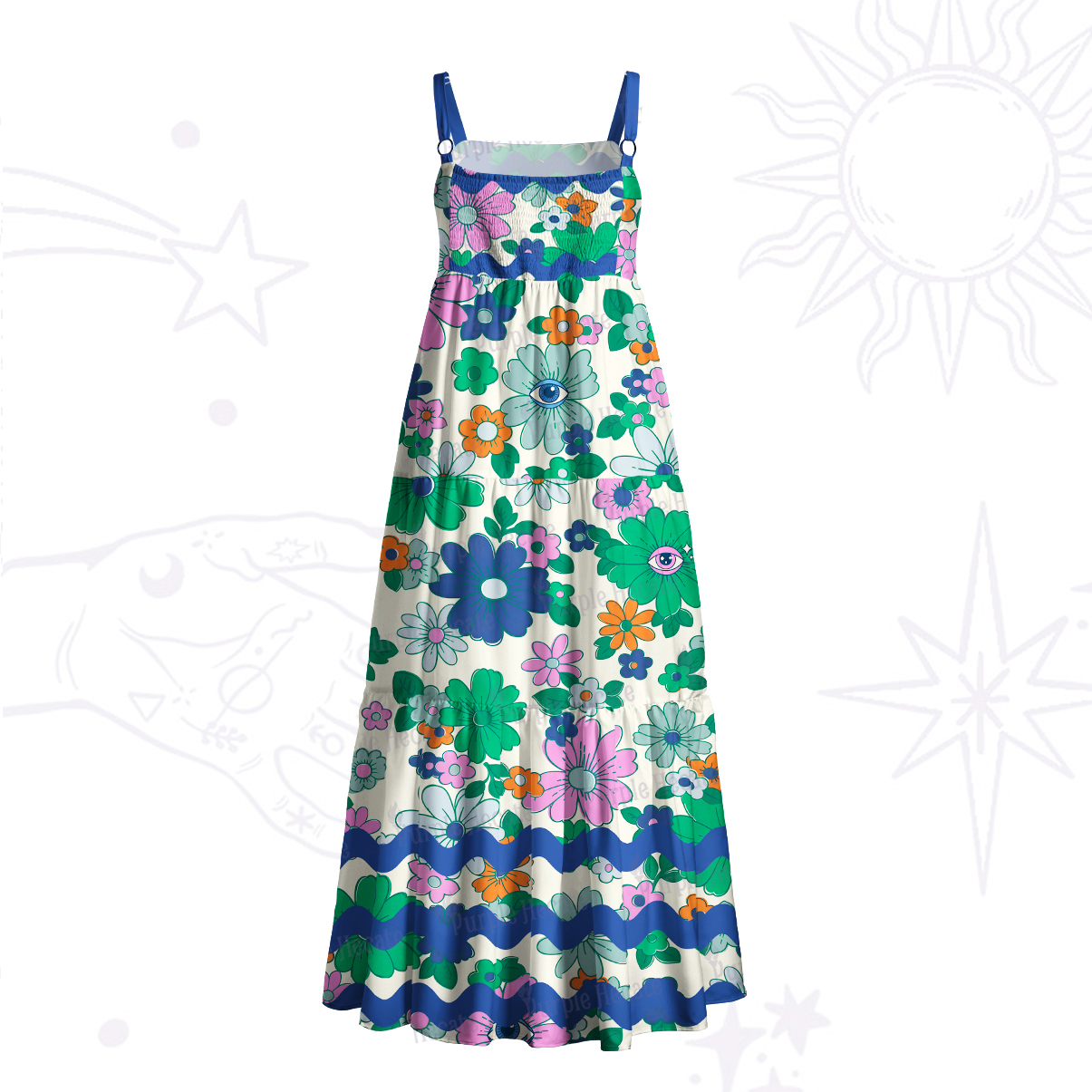 Purplehecate  Psychedelic Floral Wave Wide Straps Maxi Dress