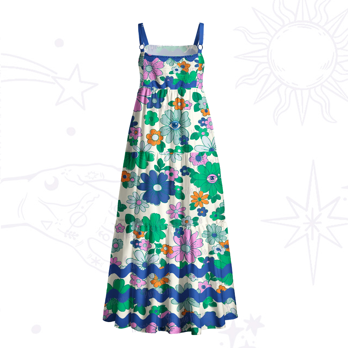 Purplehecate  Psychedelic Floral Wave Wide Straps Maxi Dress