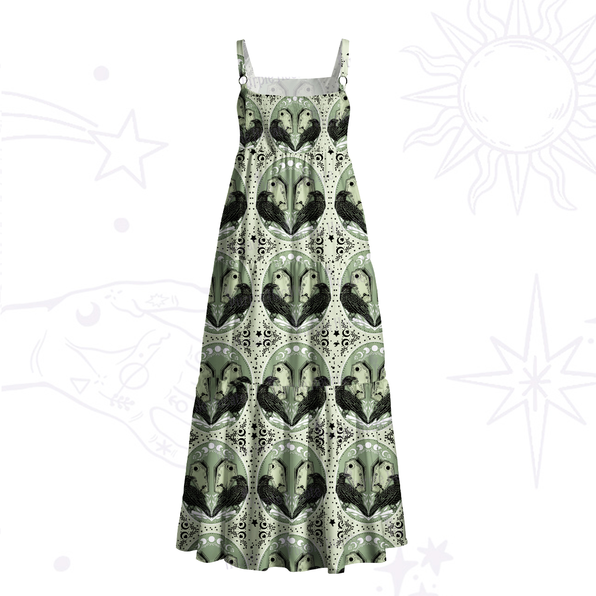 Purplehecate Divination Raven Coffin Print Wide Straps Maxi Dress