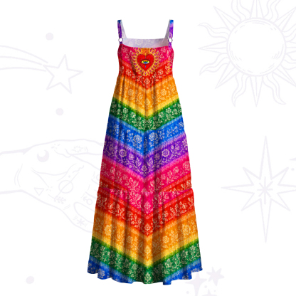 Purplehecate Rainbow Striped Sacred Heart Wide Straps Maxi Dress