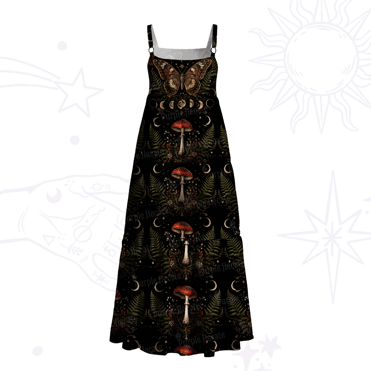 Purplehecate Moon Phase Mushroom Forest Witch Wide Straps Maxi Dress