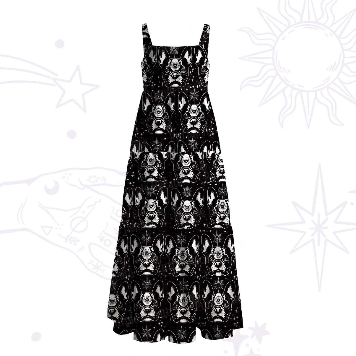Purplehecate Mystic Boston Terrier Wide Straps Maxi Dress