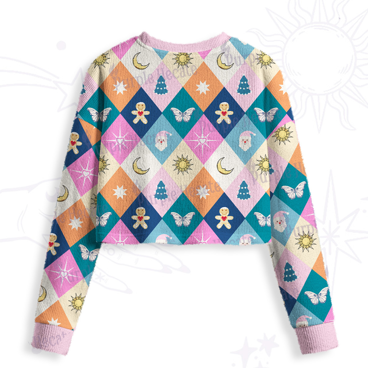 Purplehecate Whimsical Holiday Patchwork Crop Fuzzy Ugly Sweatshirt