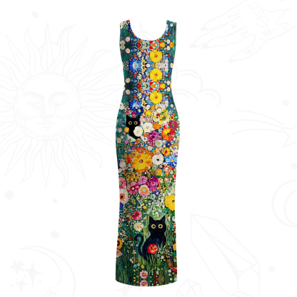 Purplehecate Fluffy Black Cat in Colorful Flower Field Mesh Maxi Tank Beach Dress