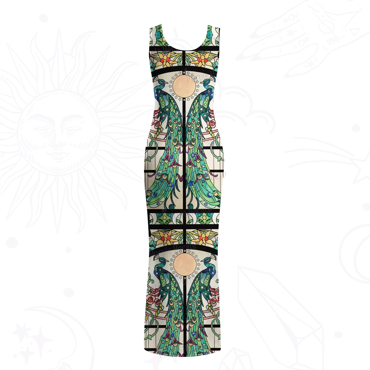 Purplehecate Mystic Peacock Stained Glass Mesh Maxi Tank Beach Dress