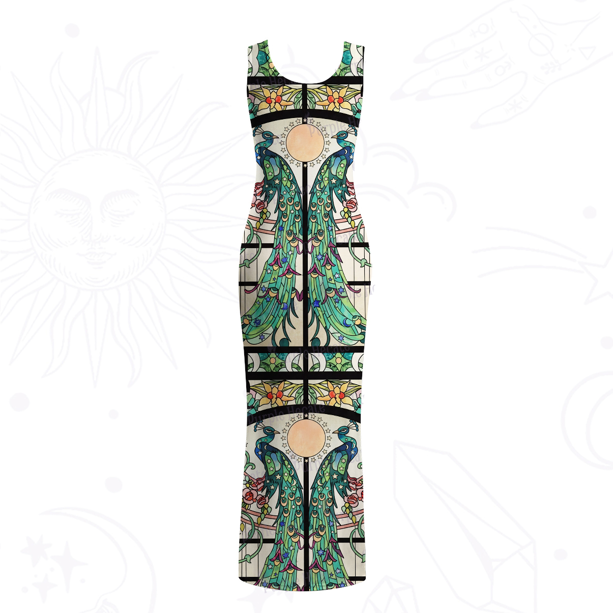 Purplehecate Mystic Peacock Stained Glass Mesh Maxi Tank Beach Dress