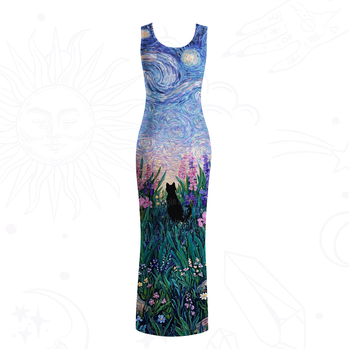 Purplehecate Starry Mystic Night Garden Cat Mesh Maxi Tank Beach Dress