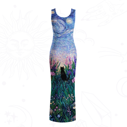 Purplehecate Starry Mystic Night Garden Cat Mesh Maxi Tank Beach Dress