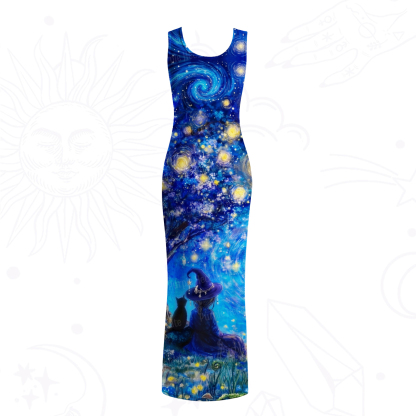 Purplehecate Moonlit Witch & Starry Cat Mesh Maxi Tank Beach Dress