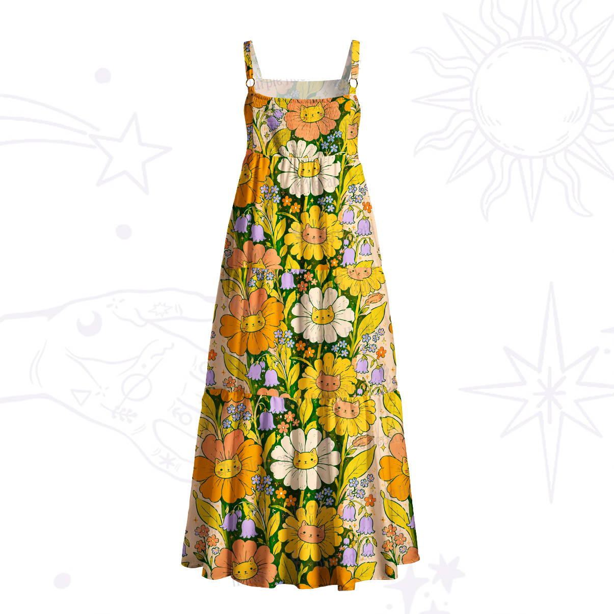 Purplehecate Sunflower Cat Face Flower Field Wide Straps Maxi Dress