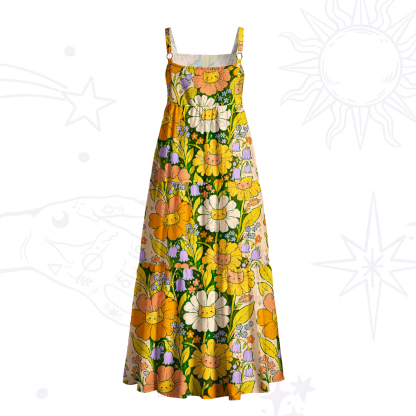 Purplehecate Sunflower Cat Face Flower Field Wide Straps Maxi Dress