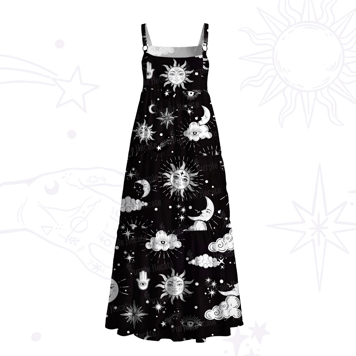 Purplehecate Sun Moon Stars Oracle Wide Straps Maxi Dress