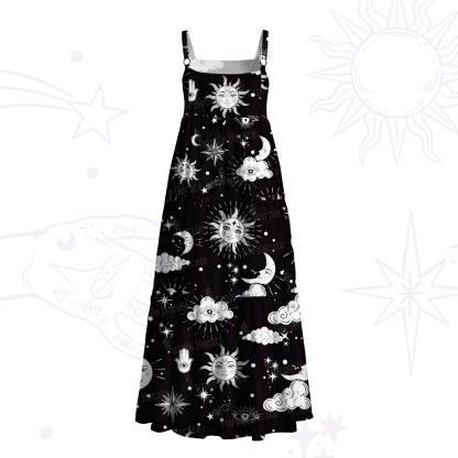 Purplehecate Sun Moon Stars Oracle Wide Straps Maxi Dress