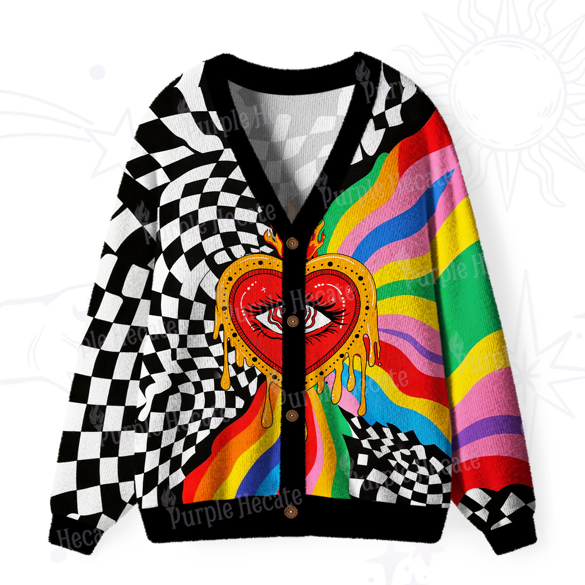 Purplehecate Trippy Rainbow Heart Eye Knit Ugly Cardigan Sweaters