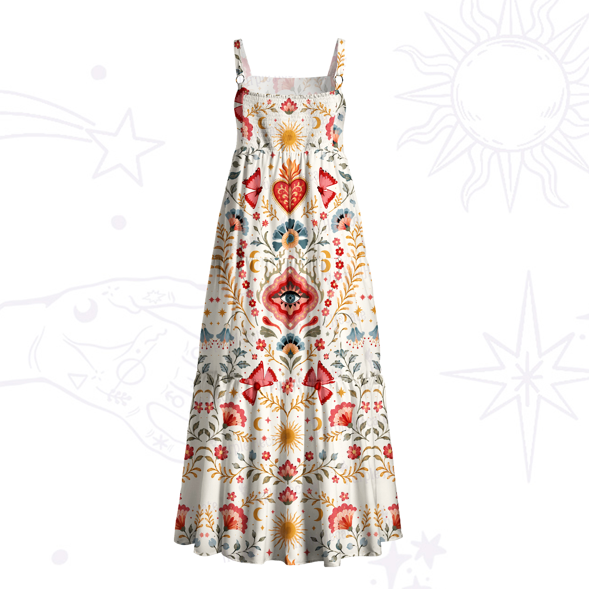 Purplehecate Sunlit Heart Folk Floral Wide Straps Maxi Dress