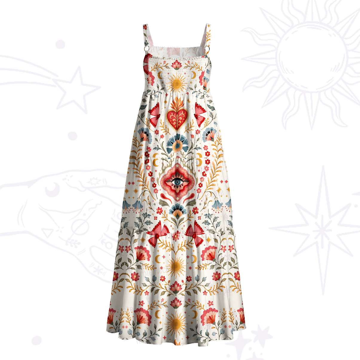 Purplehecate Sunlit Heart Folk Floral Wide Straps Maxi Dress