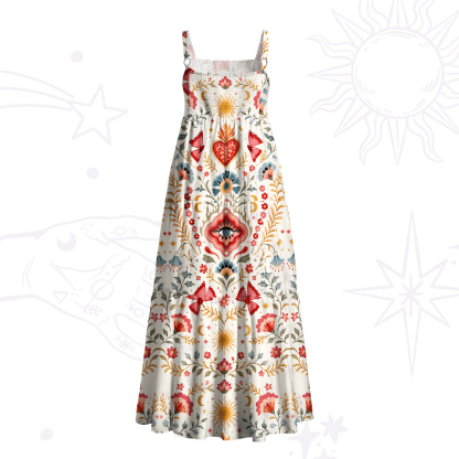 Purplehecate Sunlit Heart Folk Floral Wide Straps Maxi Dress