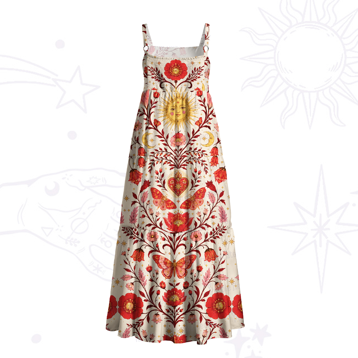 Purplehecate Solar Bloom Sacred Heart Wide Straps Maxi Dress