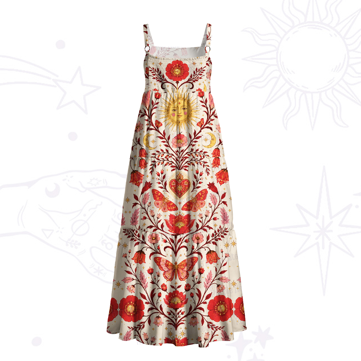 Purplehecate Solar Bloom Sacred Heart Wide Straps Maxi Dress