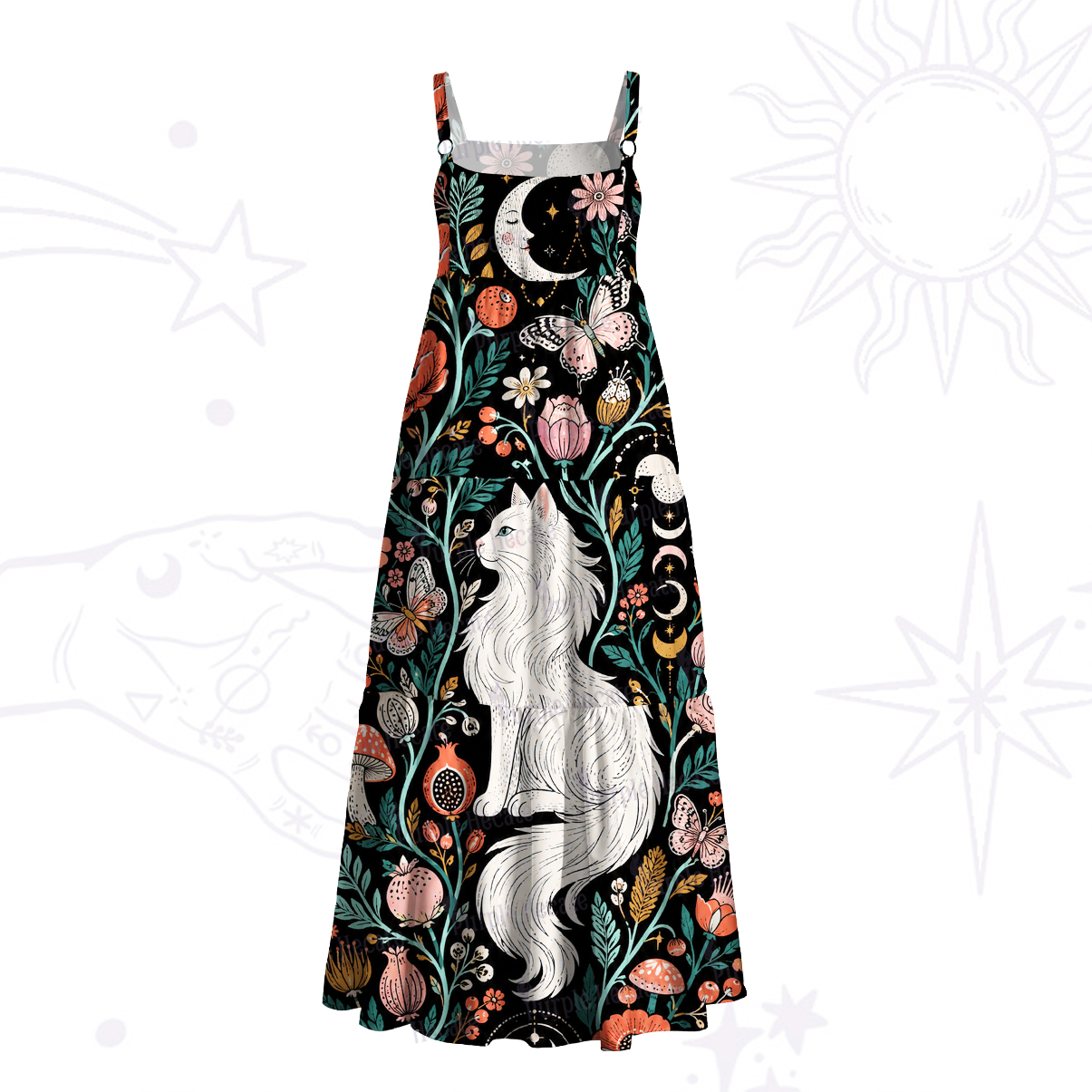 Purplehecate Lunar White Cat Forest Strappy Wide Straps Maxi Dress