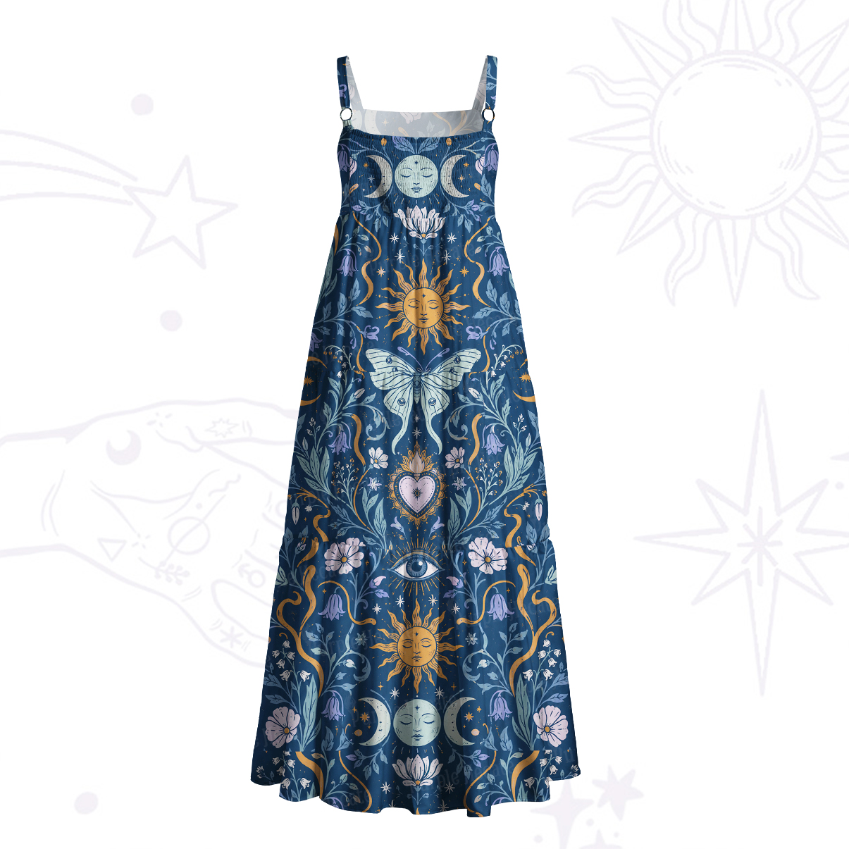 Purplehecate Celestial Butterfly Moon Phase Wide Straps Maxi Dress