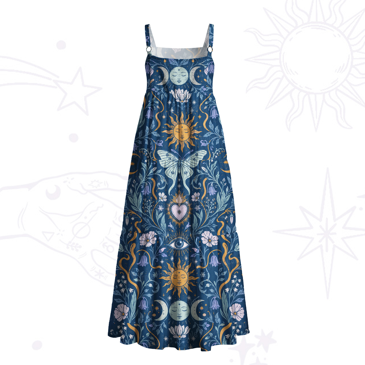 Purplehecate Celestial Butterfly Moon Phase Wide Straps Maxi Dress