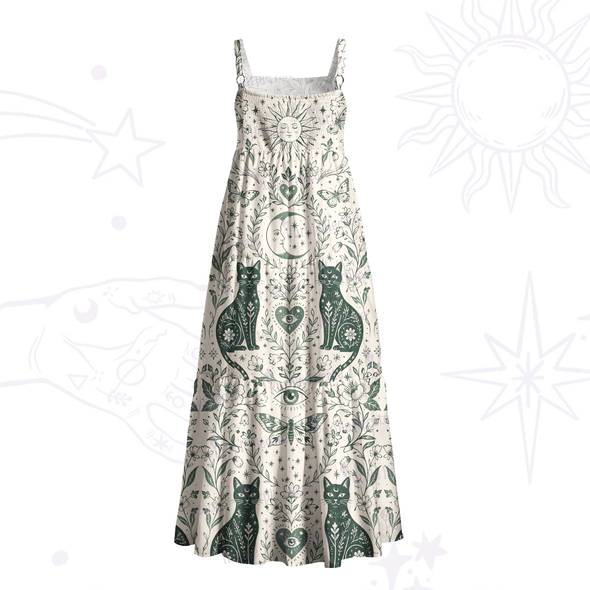 Purplehecate Witchy Cat and Moon Phase Wide Straps Maxi Dress
