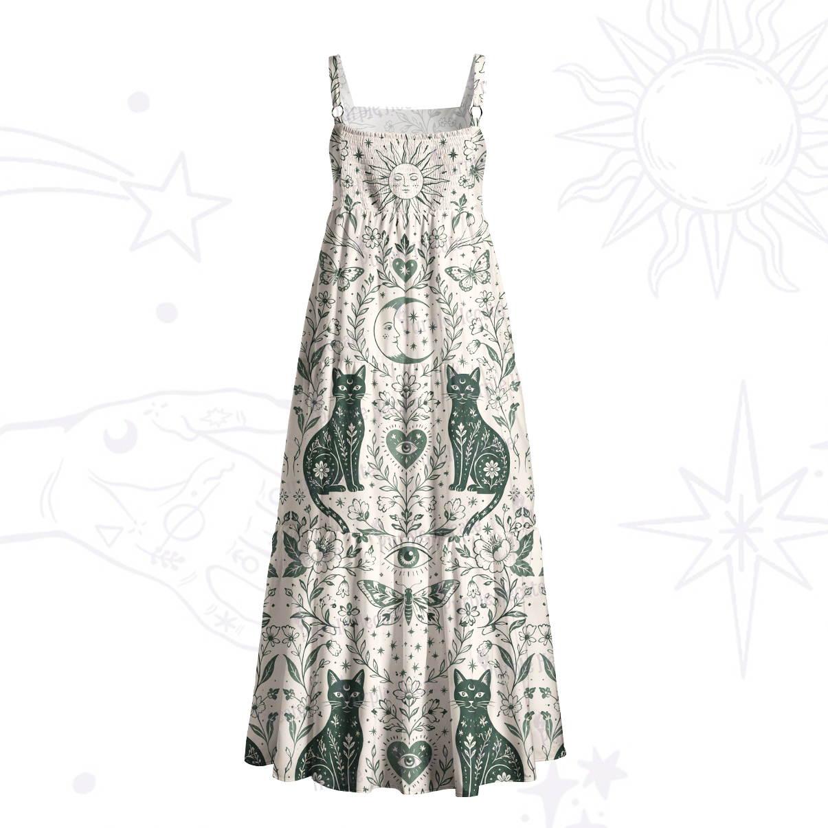 Purplehecate Witchy Cat and Moon Phase Wide Straps Maxi Dress