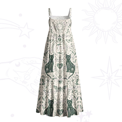 Purplehecate Witchy Cat and Moon Phase Wide Straps Maxi Dress