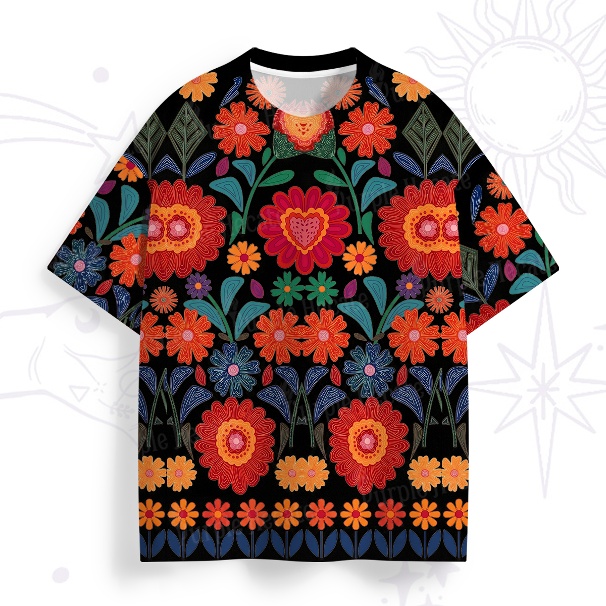 Purplehecate Retro Bloom Folk Floral All Over Print T-Shirt