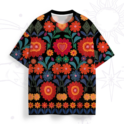 Purplehecate Retro Bloom Folk Floral All Over Print T-Shirt