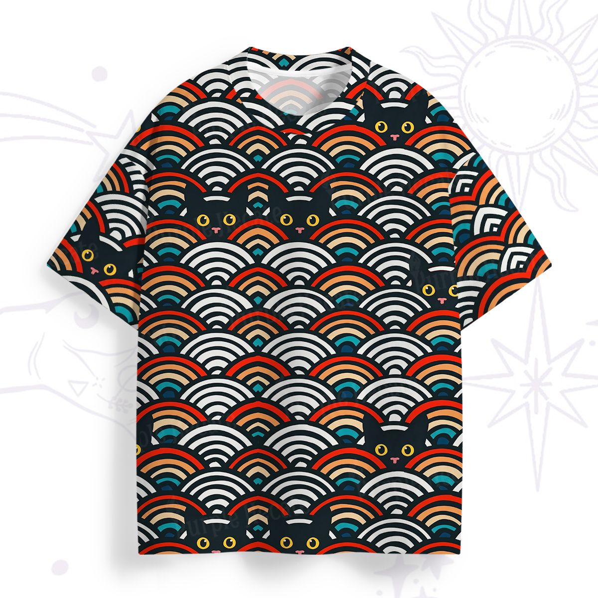Purplehecate Rainbow Black Cat Waves All Over Print T-Shirt