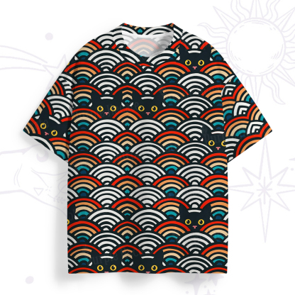 Purplehecate Rainbow Black Cat Waves All Over Print T-Shirt