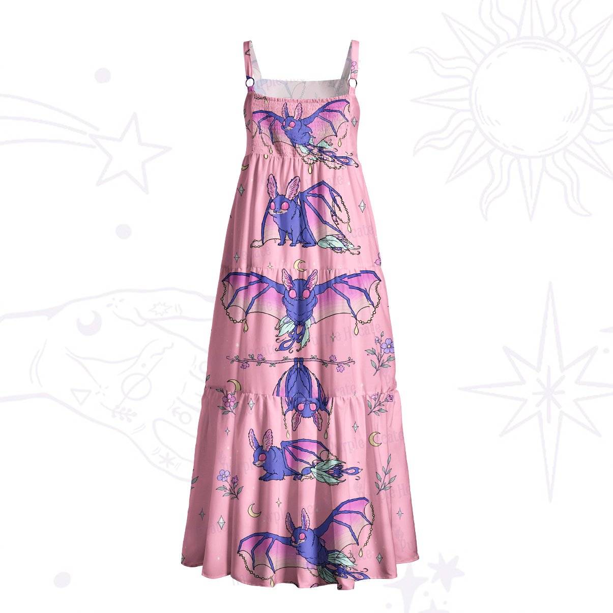 Purplehecate Midnight Bat Print Wide Straps Maxi Dress