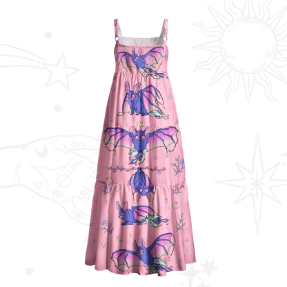 Purplehecate Midnight Bat Print Wide Straps Maxi Dress