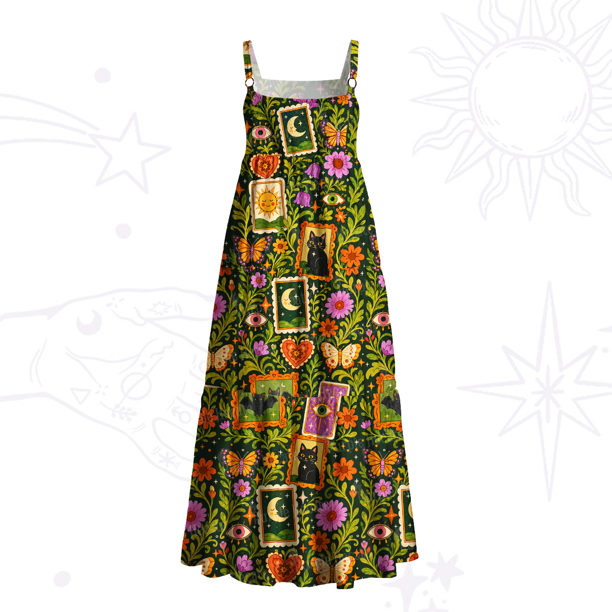 Purplehecate Vintage Botanical Tarot Card Wide Straps Maxi Dress