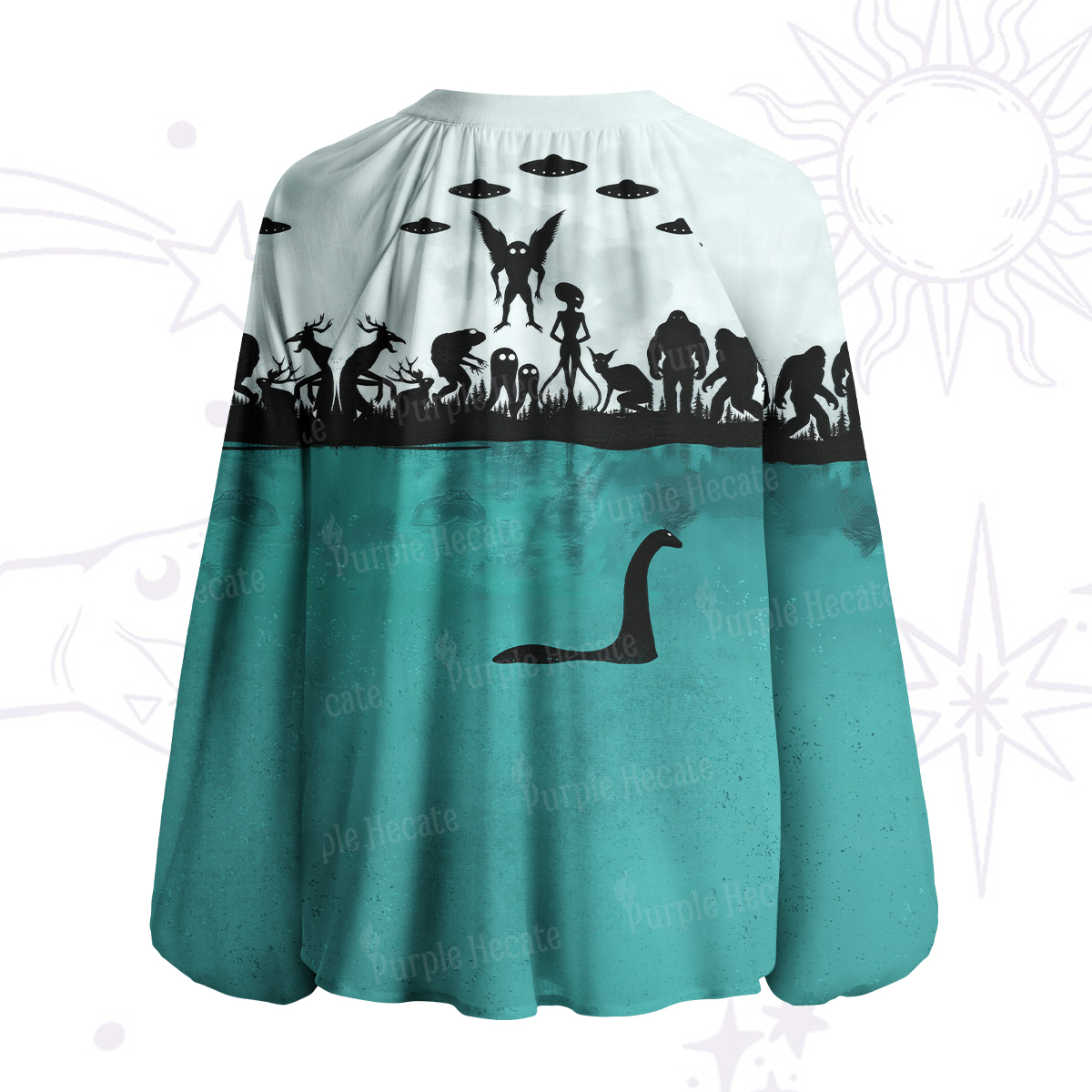 Purplehecate Alien Lake Monster Encounter Split Neck Tie Blouse