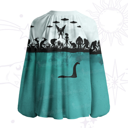 Purplehecate Alien Lake Monster Encounter Split Neck Tie Blouse